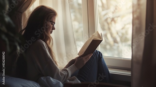 Portrait of young woman reading a book by the window at home, natural light illuminating her face Free Download Portrait of young woman reading a book by the window at home, natural light illuminating her face - GFXLoad