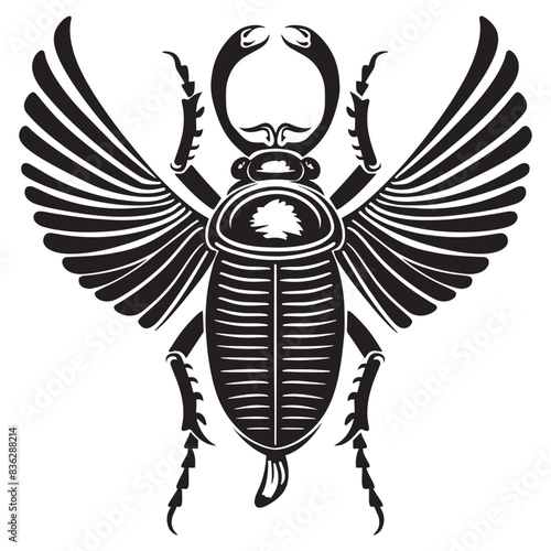 Black and white scarab beetle tattoo design with intricate wing details, representing transformation and protection.