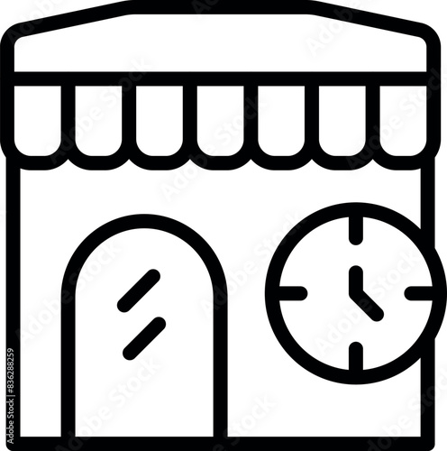 Black and white line icon of a store with a prominent clock feature