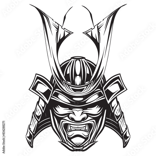 Fierce samurai warrior helmet tattoo design in black and white, symbolizing strength and honor.