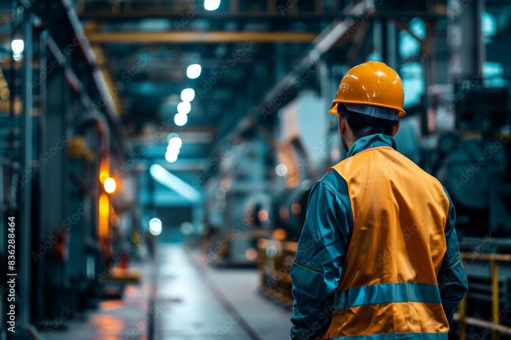 Worker in safety helmet and vest looking at production line Worker in safety helmet and vest looking at production line