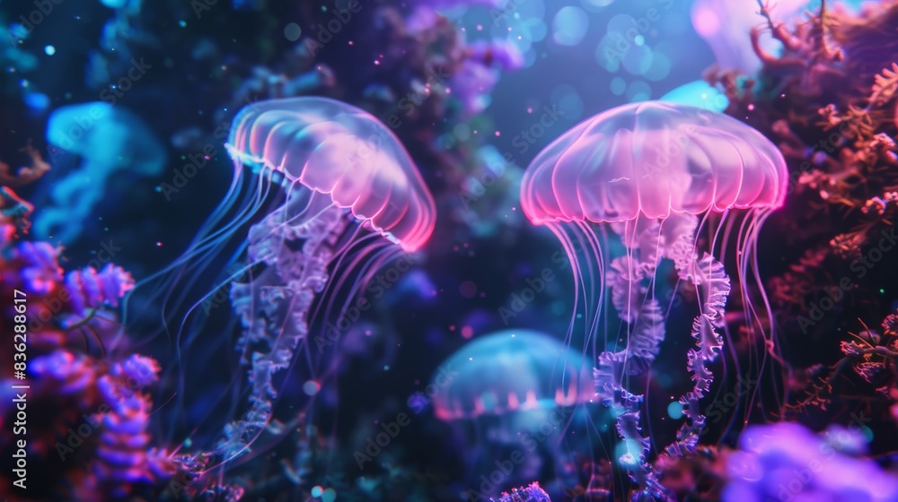 A group of colorful glowing jellyfish on the ocean floor, the beauty of the sea, the diversity of ocean fauna, diving, backdrop A group of colorful glowing jellyfish on the ocean floor, the beauty of the sea, the diversity of ocean fauna, diving, backdrop