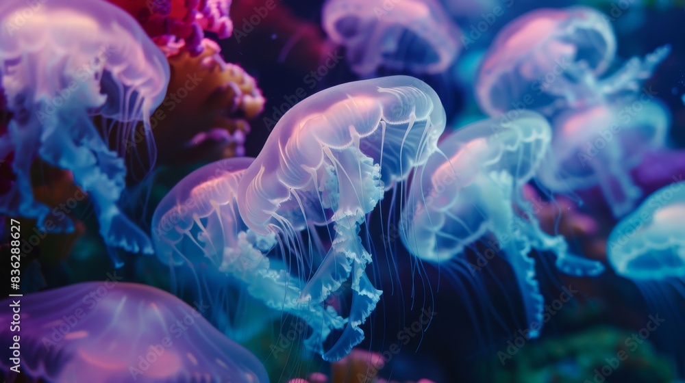 A group of colorful glowing jellyfish on the ocean floor, the beauty of the sea, the diversity of ocean fauna, diving, backdrop A group of colorful glowing jellyfish on the ocean floor, the beauty of the sea, the diversity of ocean fauna, diving, backdrop