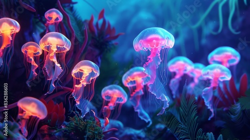 A group of colorful glowing jellyfish on the ocean floor, the beauty of the sea, the diversity of ocean fauna, diving, backdrop