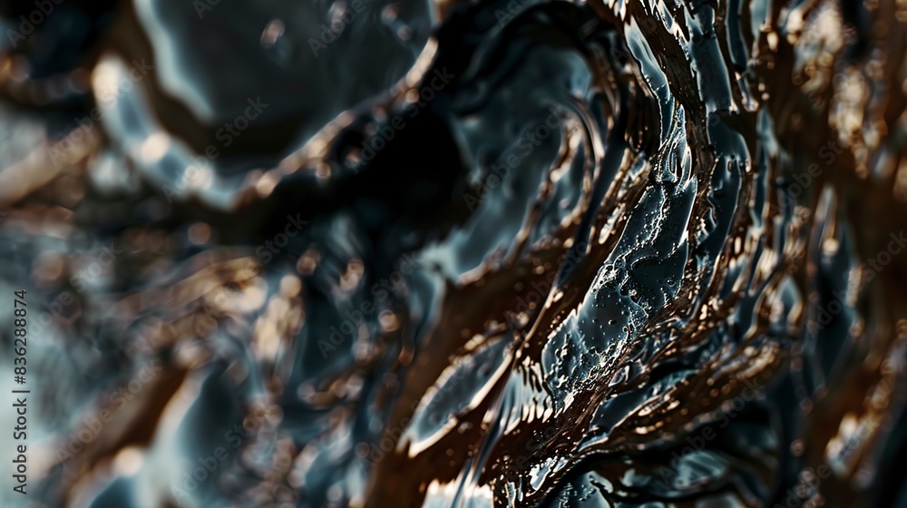 Macro of an oil spill affecting marine life, detailed focus on oil texture, dim, somber lighting. Macro of an oil spill affecting marine life, detailed focus on oil texture, dim, somber lighting.
