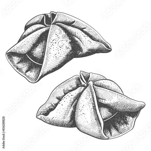 Hand-Drawn Engraved Illustration of Two Khinkali Dumplings