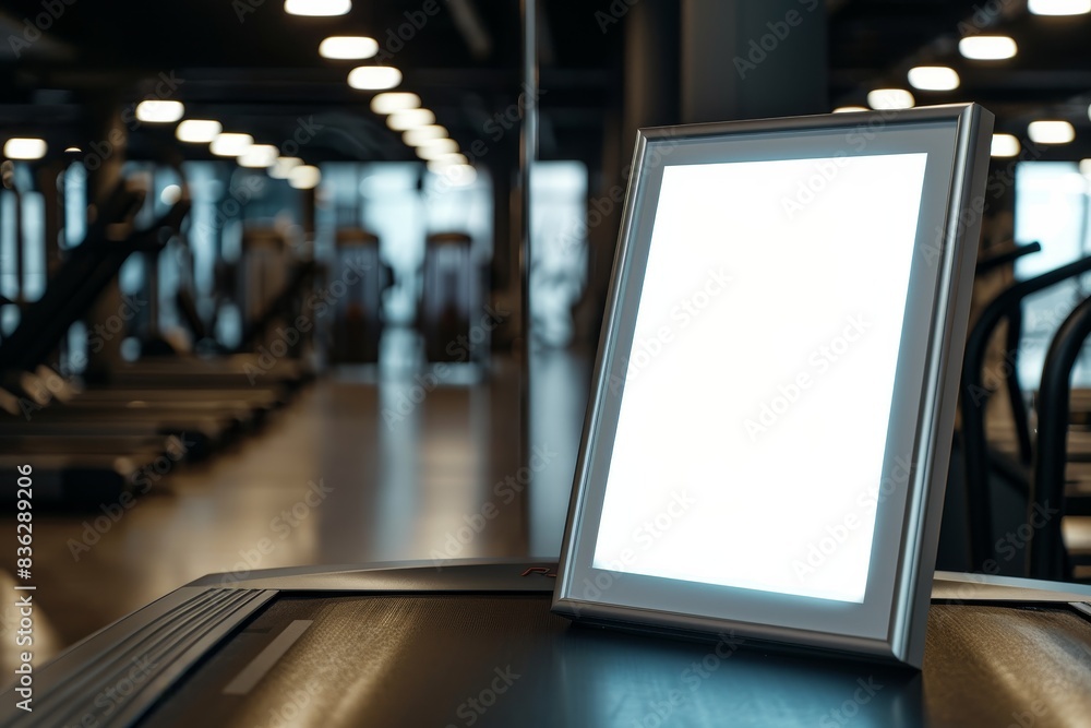 A white sign sits on a table in a gym A white sign sits on a table in a gym