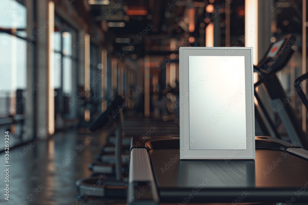 A white sign sits on a table in a gym A white sign sits on a table in a gym