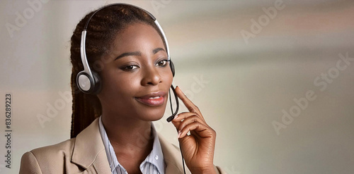 African American woman wearing headphones, symbolizing the customer service occupation, customer support, corporate websites, conveys professionalism, dedication, and a focus on client satisfaction