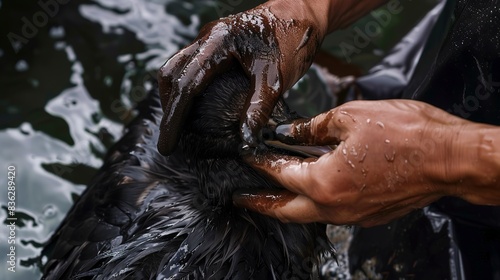 Close-up of a volunteer's hands removing oil from a seabird, focus on feathers and oil, emotional, natural lighting © Thanthara