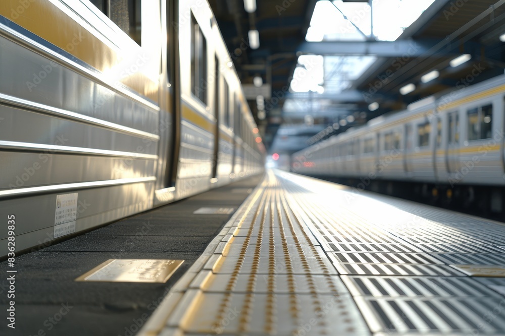 A train is on a train track with a stripe A train is on a train track with a stripe