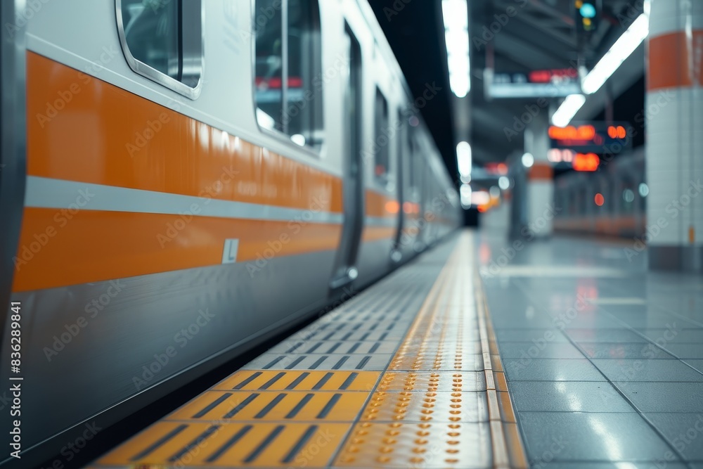 A train is on a train track with a stripe A train is on a train track with a stripe