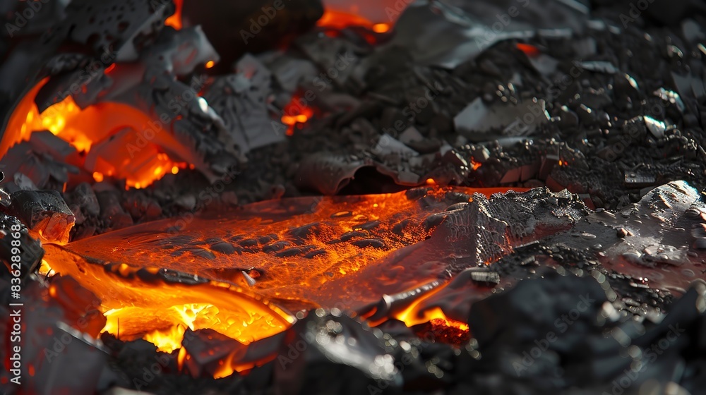 Close view of molten plastic being extruded for recycling, focus on the glowing plastic, dim, industrial light. Close view of molten plastic being extruded for recycling, focus on the glowing plastic, dim, industrial light.