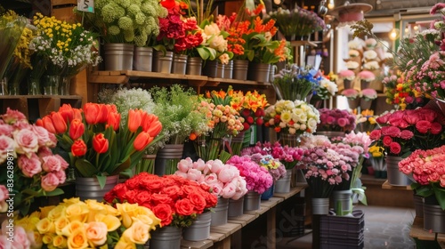 An elegant flower shop with fresh vibrant blooms, offering arranged bouquets and unique floral designs. © klss777