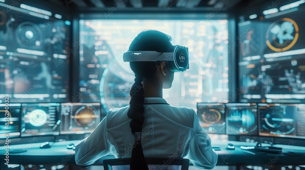 Person using AR glasses in a modern office, surrounded by floating data interfaces Person using AR glasses in a modern office, surrounded by floating data interfaces