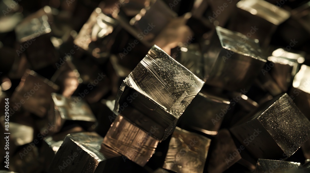 Close view of crushed metal cubes ready for recycling, focus on compressed textures, clear, ambient lighting. Close view of crushed metal cubes ready for recycling, focus on compressed textures, clear, ambient lighting.