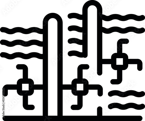 Vector illustration of industrial water pipes icon with valves and flow control in black and white