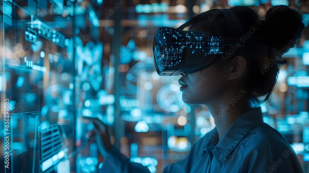 Person using AR glasses in a modern office, surrounded by floating data interfaces Person using AR glasses in a modern office, surrounded by floating data interfaces