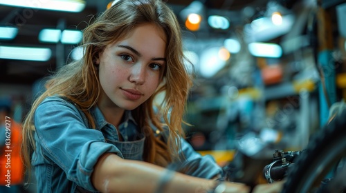 A woman with a subtle smile stands confidently amidst bicycle parts, exuding competence