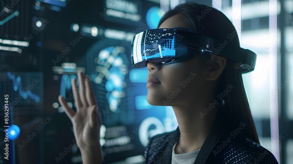 Person using AR glasses in a modern office, surrounded by floating data interfaces Person using AR glasses in a modern office, surrounded by floating data interfaces