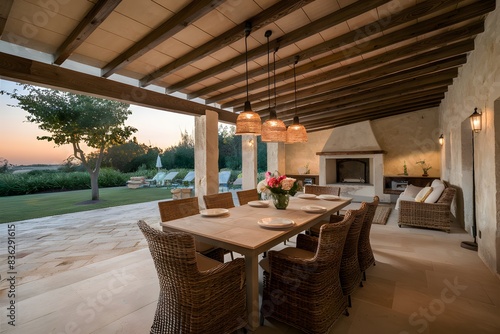 Charming outdoor dining space with stone patio  dining table  wicker chairs  and garden view