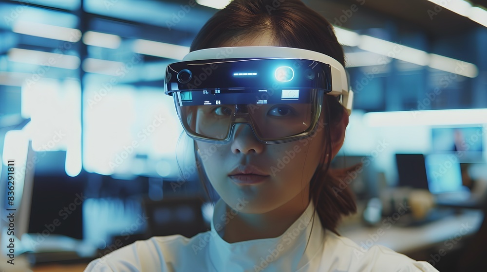 Person using AR glasses in a modern office, surrounded by floating data interfaces Person using AR glasses in a modern office, surrounded by floating data interfaces