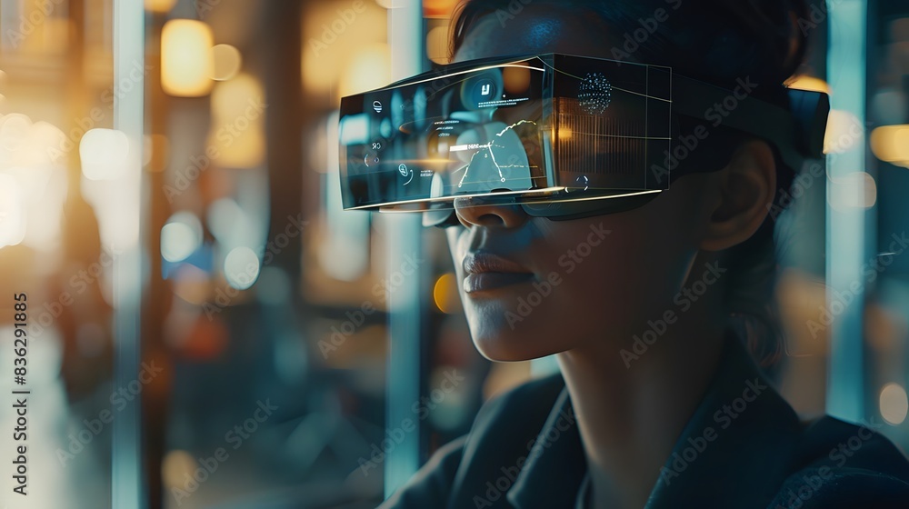 Person using AR glasses in a modern office, surrounded by floating data interfaces Person using AR glasses in a modern office, surrounded by floating data interfaces