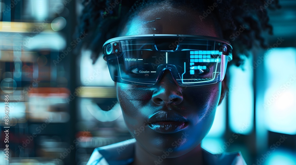 Person using AR glasses in a modern office, surrounded by floating data interfaces Person using AR glasses in a modern office, surrounded by floating data interfaces