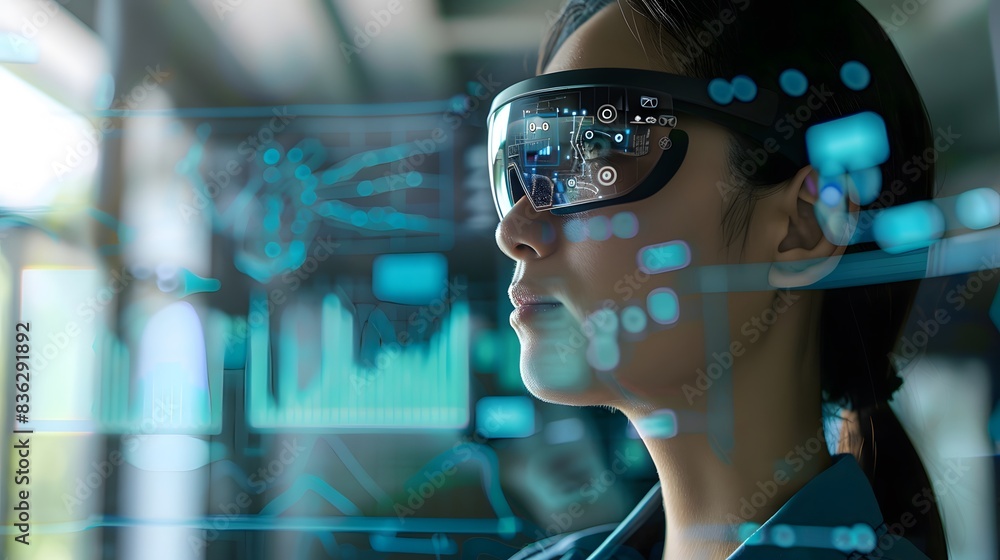Person using AR glasses in a modern office, surrounded by floating data interfaces