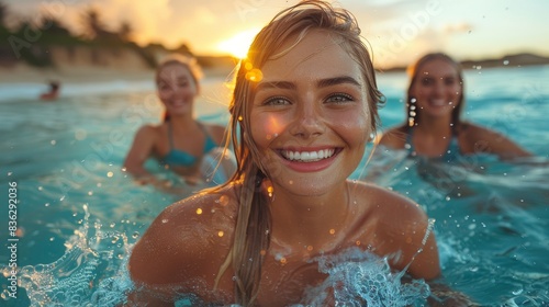 A radiant young woman with a beaming smile among friends, immersed in ocean waters at sunset, depicting happiness and youth © familymedia