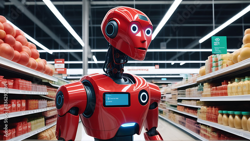 A red robot looks at goods in a supermarket with surprise, indicating the interaction of artificial intelligence with the environment