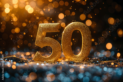 Golden number 50 in sparkling celebration festive atmosphere glittering lights milestone anniversary achievement jubilation elegant event glamorous design luxurious party decor photo