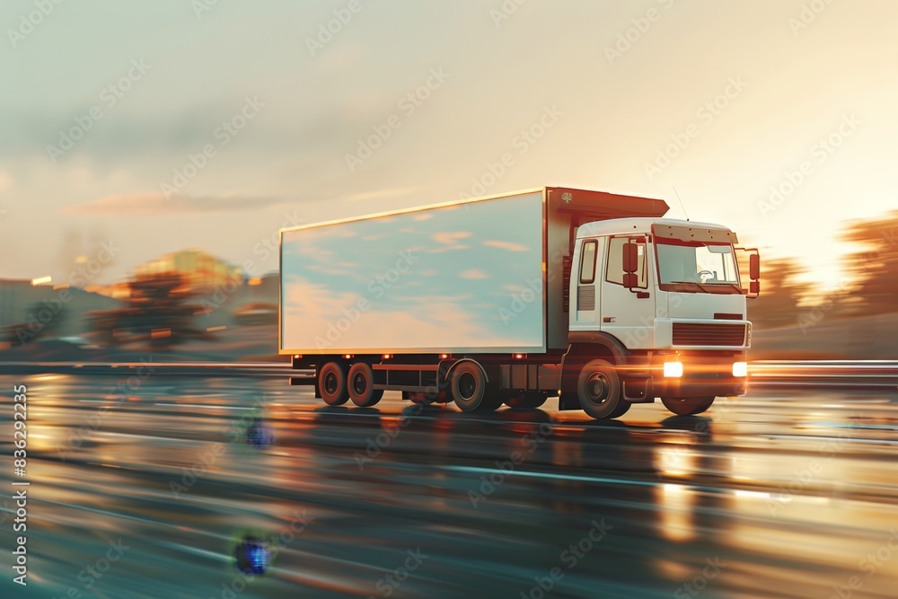 A white semi truck is driving down a wet road A white semi truck is driving down a wet road