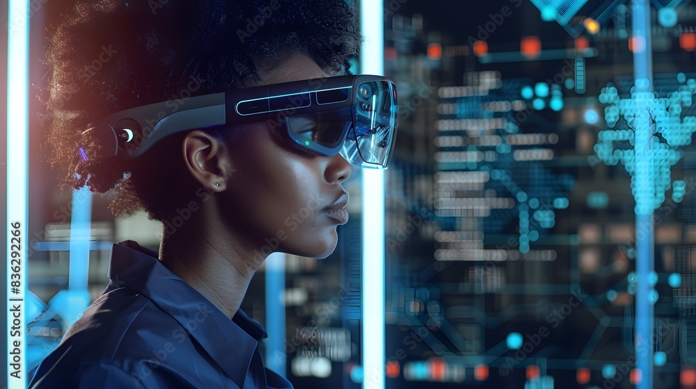 Fototapeta premium Person using AR glasses in a modern office, surrounded by floating data interfaces
