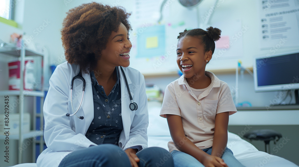 Fototapeta premium Woman and child sitting on hospital bed