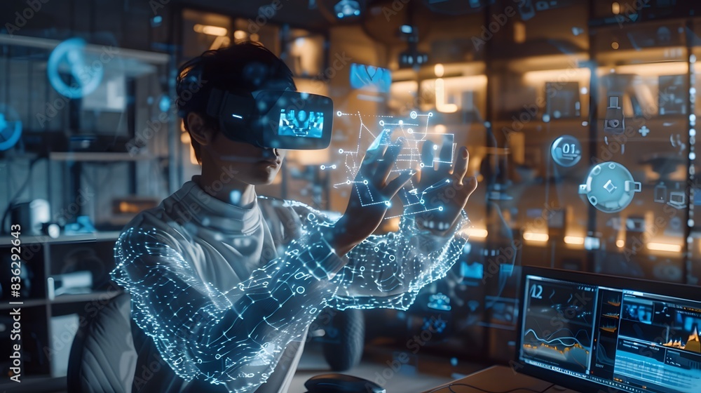 Person using AR glasses in a modern office, surrounded by floating data interfaces Person using AR glasses in a modern office, surrounded by floating data interfaces