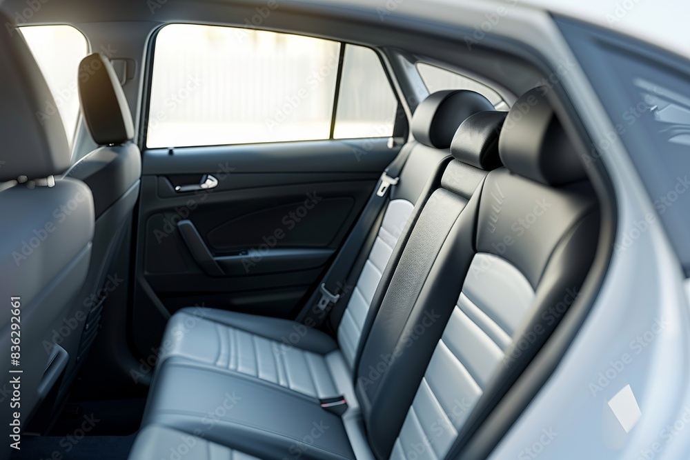 The back seat of a car is black and white The back seat of a car is black and white