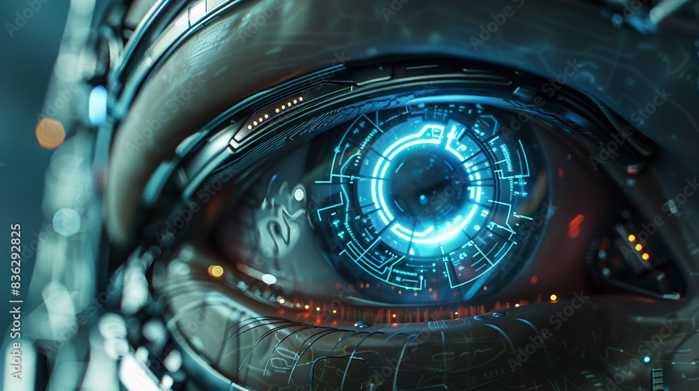Advanced robotic eye with a luminous blue digital iris showcasing futuristic technology and intricate details highlighting cutting edge design Advanced robotic eye with a luminous blue digital iris showcasing futuristic technology and intricate details highlighting cutting edge design