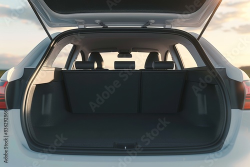 The trunk of a car is open to reveal a large white screen