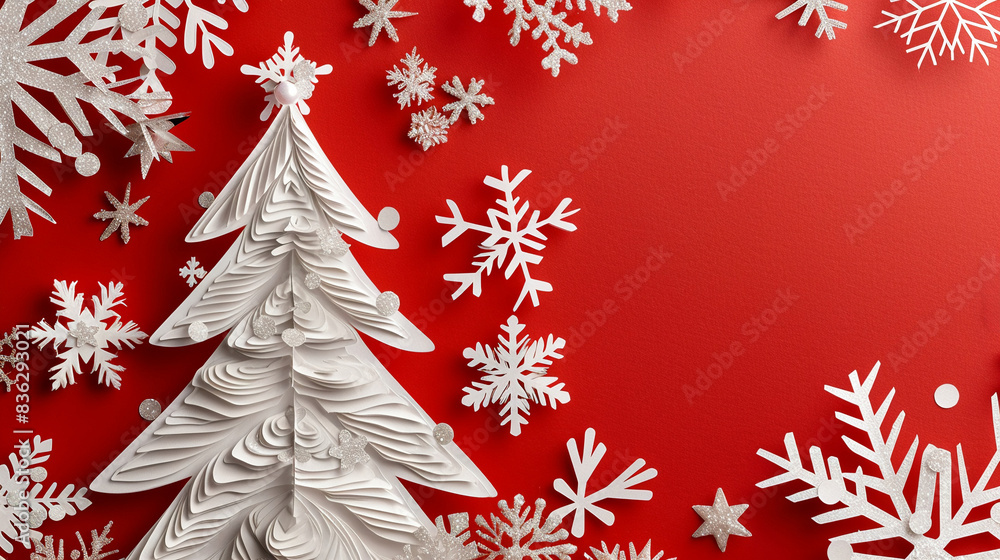 Artistic Christmas card with paper cut decorations including detailed snowflakes stars and Christmas tree celebrating the festive season in style Artistic Christmas card with paper cut decorations including detailed snowflakes stars and Christmas tree celebrating the festive season in style