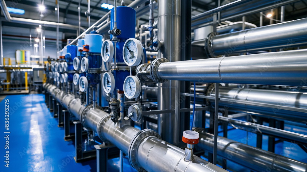 Large Industrial Water Treatment Room Shiny Steel Metal Pipes Blue pumps and valves, biotechnology, chemistry, ecology, environmental damage. and conservation