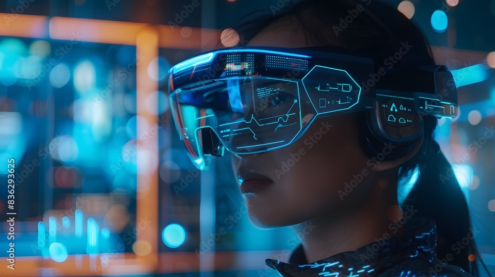 Person using AR glasses in a modern office Person using AR glasses in a modern office