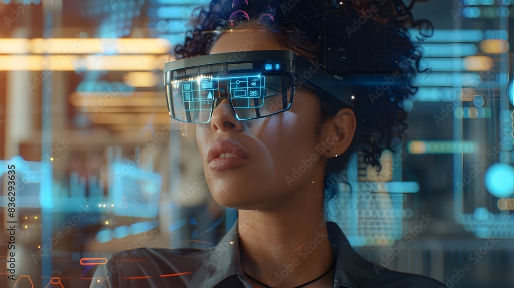 Person using AR glasses in a modern office Person using AR glasses in a modern office