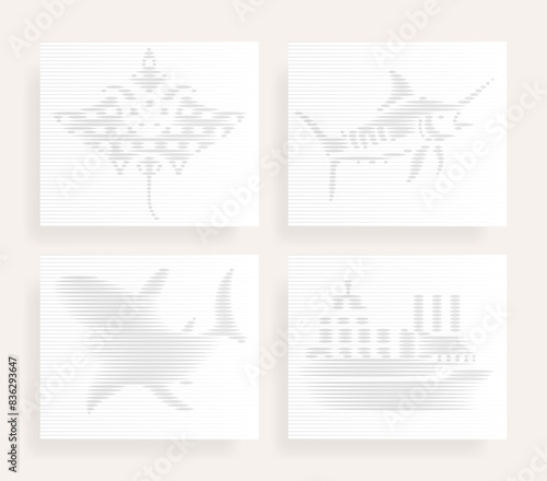 Halftone Lines Hologram Effect with shark,  swordfish,  manta ray, cargo ship, Gray Vector Set 