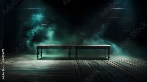 Background of empty dark scene with wooden old floor. Neon light smoke. Dark abstract background. Night wooden table. 