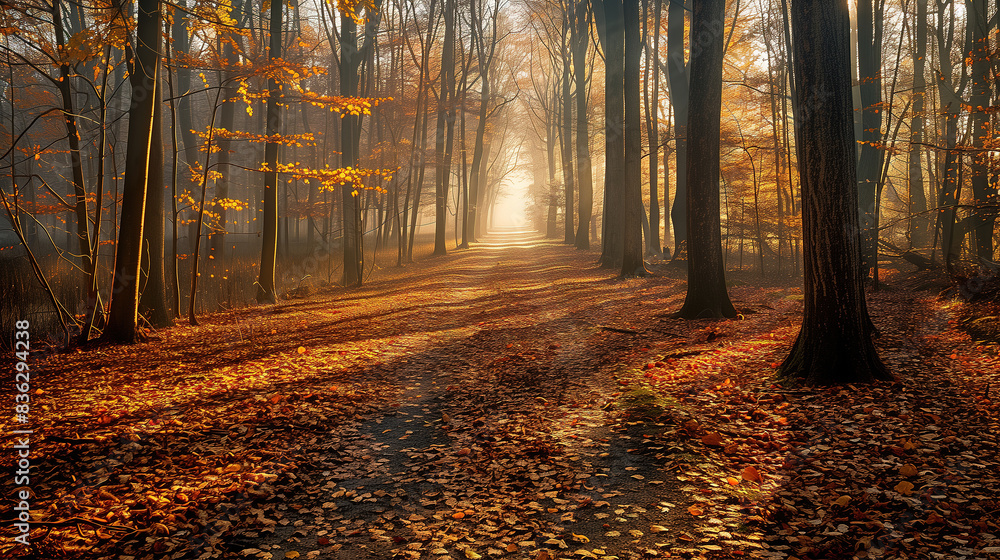 Obraz premium Enchanting Autumn Forest with Sunbeams Pathway Landspace