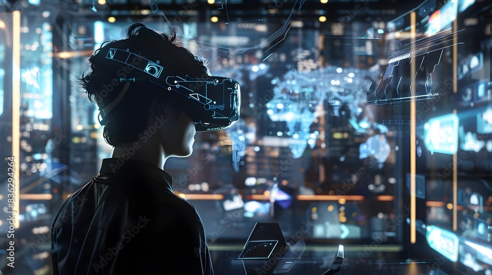 Person using AR glasses in a modern office Person using AR glasses in a modern office