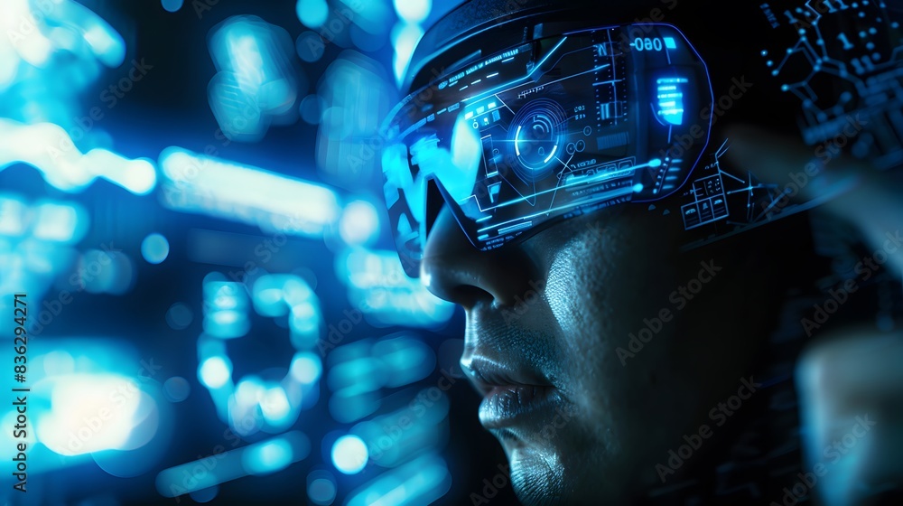 Person using AR glasses in a modern office Person using AR glasses in a modern office