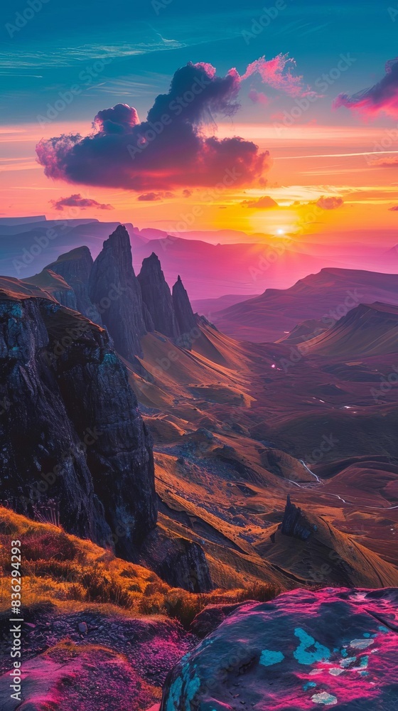 Fototapeta premium Quiraing mountains sunset at Isle of Skye, Scottland, United Kingdom