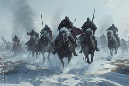 A group of knights on horseback galloping across a snowy battlefield, their breath visible in the cold air. photo